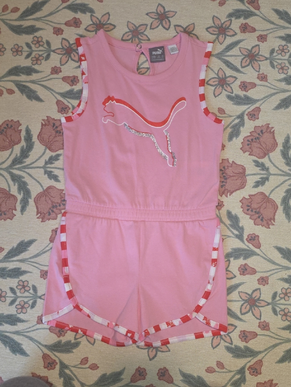 Puma Pink Sleeveless Logo Romper with Red-Trim